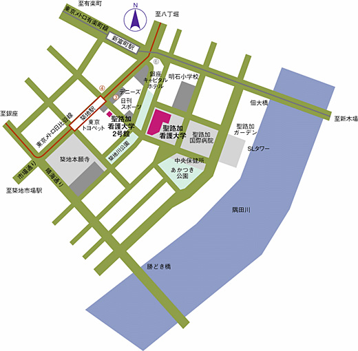 聖路加看護大学へのアクセスマップ地図